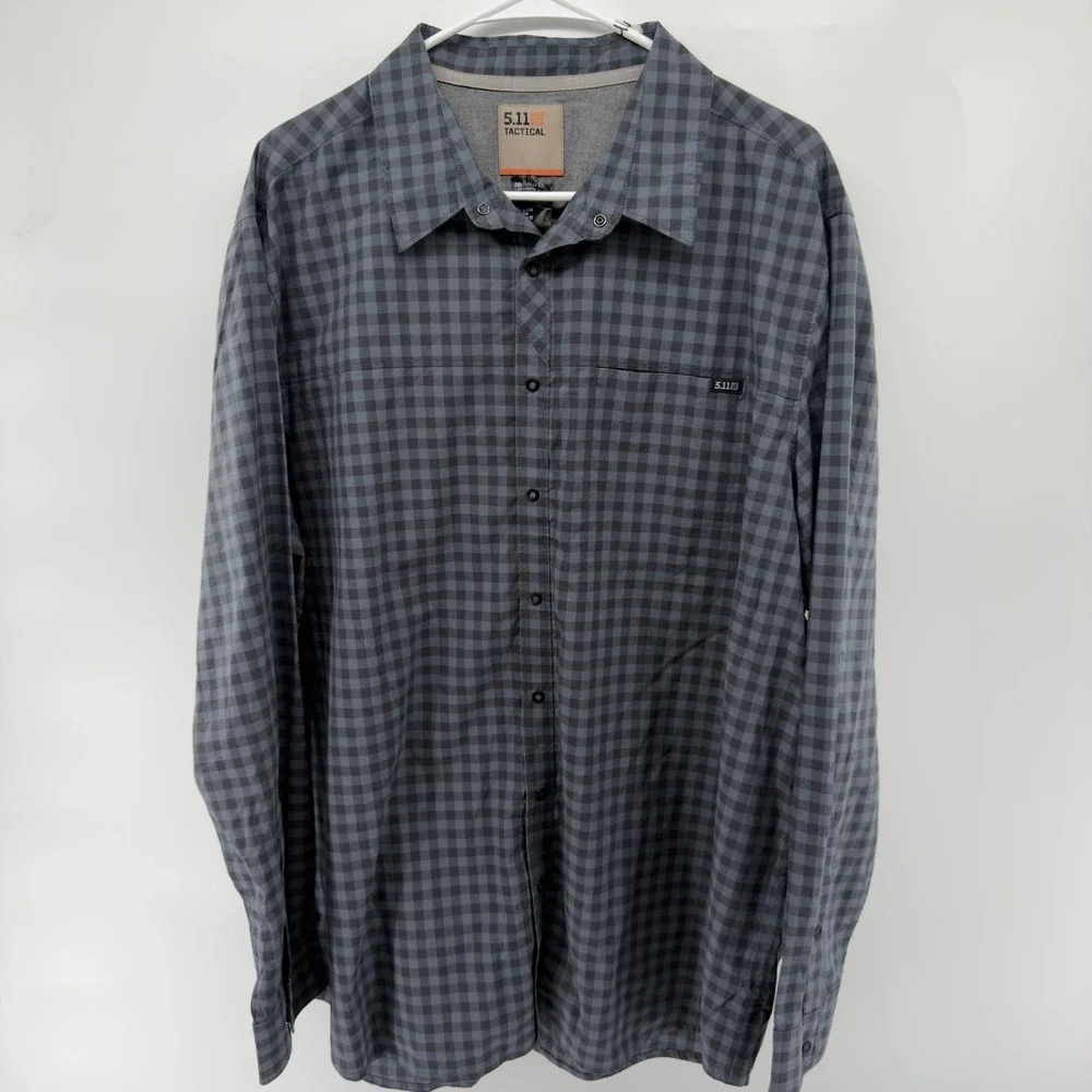 5.11 Tactical Mens XL Grey Gingham Plaid Long Sleeve‎ Snap Front Utility Shirt